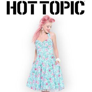 Hot Topic Fit and Flare Hawaiian Tiki Dress XS Blue Floral Halter Swing Retro